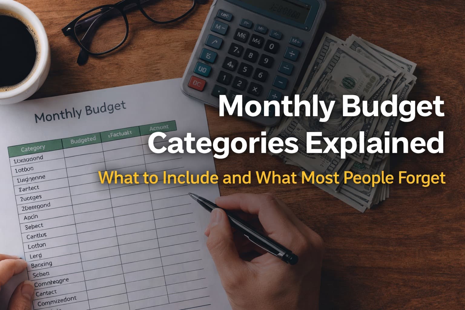 Monthly budget worksheet with category list, calculator, cash, and pen illustrating how to organise monthly budget categories