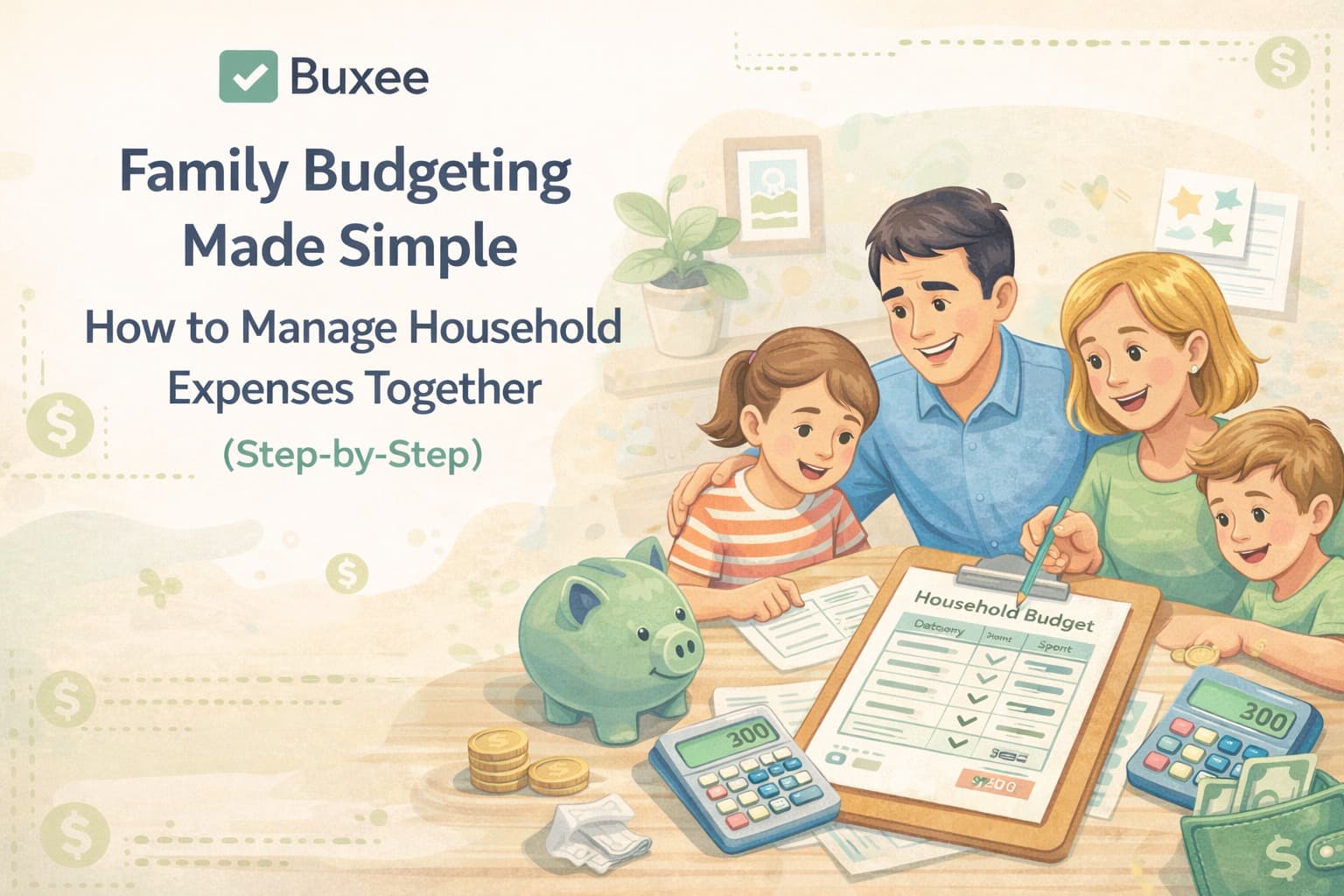 Couple reviewing household bills, calculator, and budgeting notes showing fair expense splitting methods